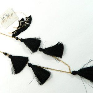 Bijoux Bar Necklace Hoop Earring Set Black Tassels Gold Tone New